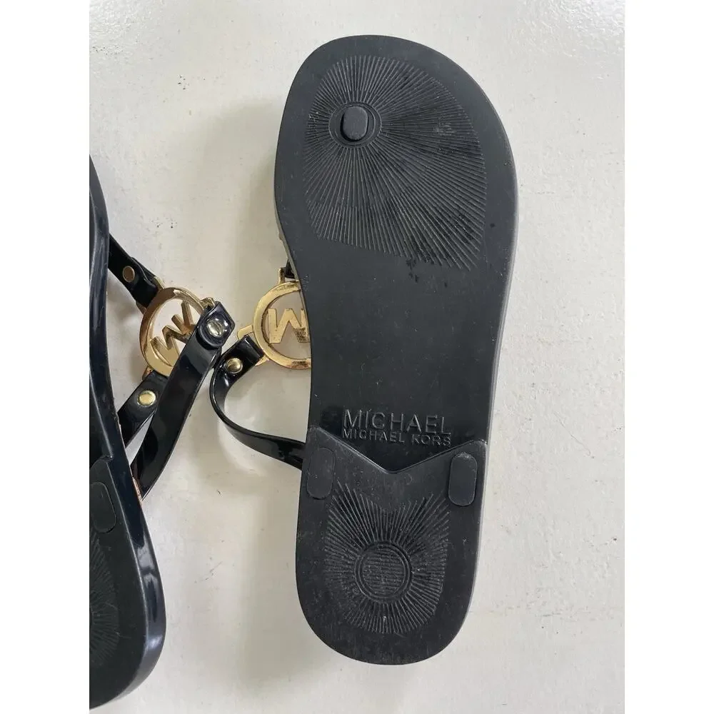 Michael Kors Women Black Logo Thong Sandals Slip On Jelly Summer Flip Flop Sz 7